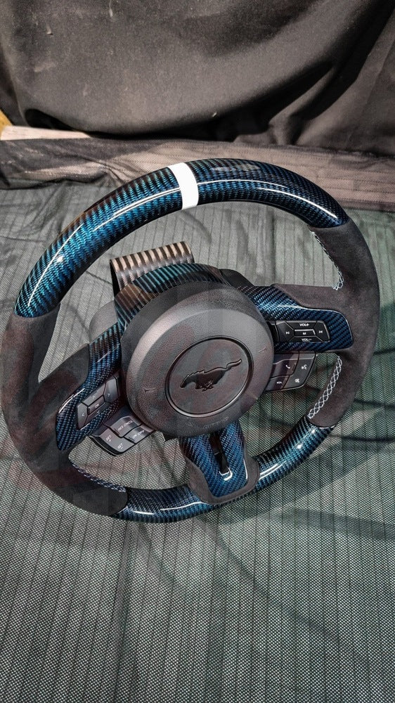 2015-2023 Mustang S550 Carbon Fiber Steering Wheel Blue Carbon Fiber - by ukiecarbon.com