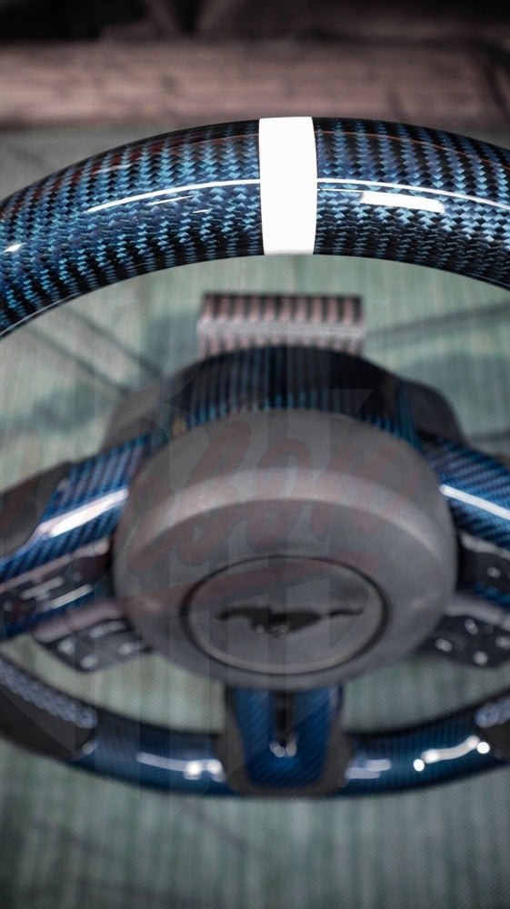 2015-2023 Mustang S550 Carbon Fiber Steering Wheel Blue Carbon Fiber - by ukiecarbon.com