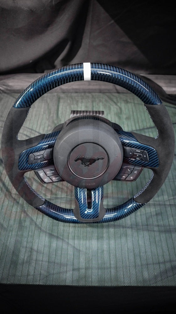 2015-2023 Mustang S550 Blue Carbon Fiber Steering Wheel - by ukiecarbon.com