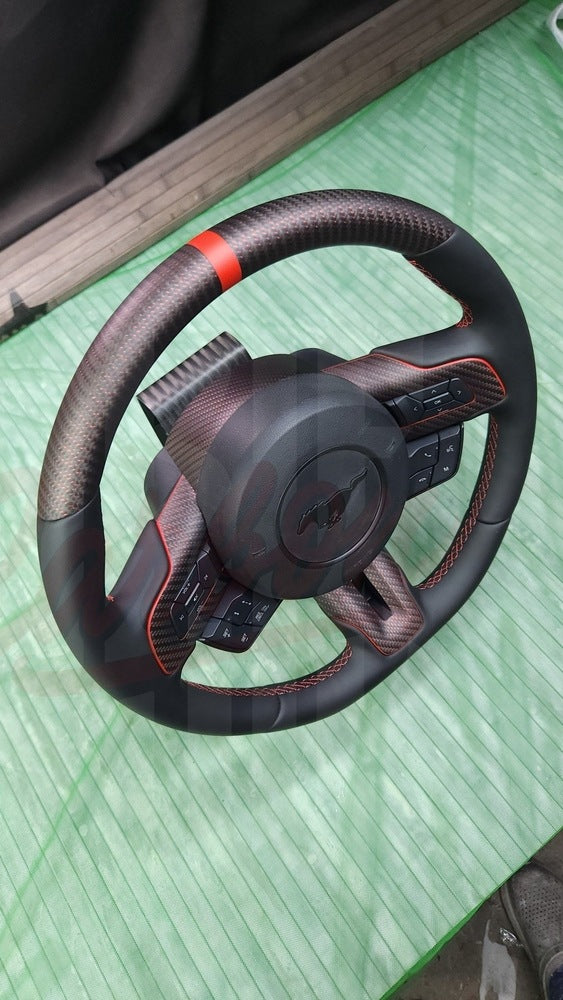 2015-2023 Mustang S550 Reflective Red Matte Carbon Fiber Steering Wheel - by ukiecarbon.com