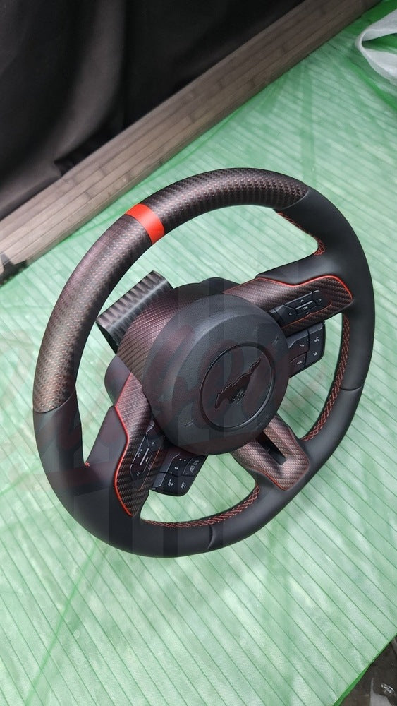 2015-2023 Mustang S550 Reflective Red Matte Carbon Fiber Steering Wheel - by ukiecarbon.com