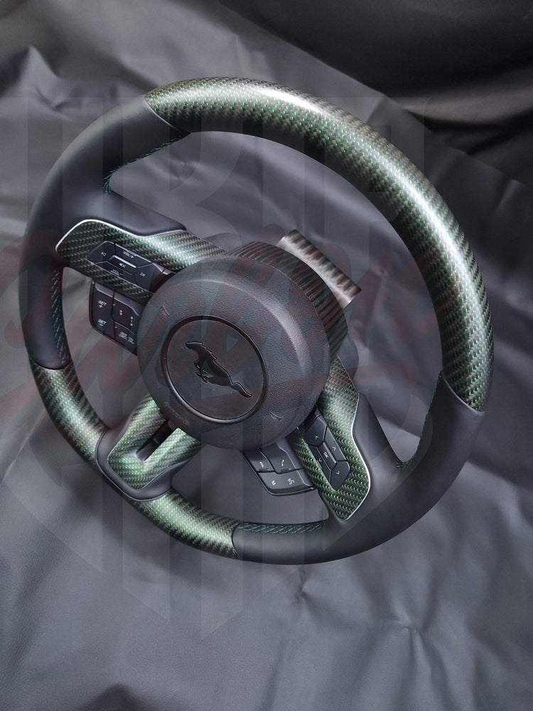 2015-2023 S550 Mustang Matte Reflective Green Carbon Fiber Steering Wheel - by ukiecarbon.com