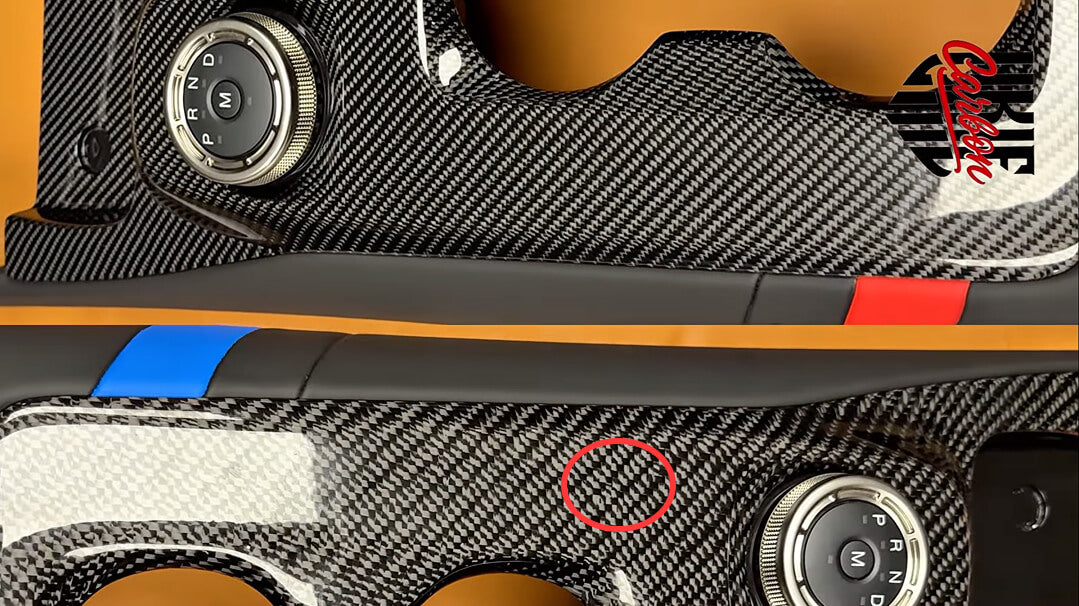 Load video: Side-by-side Mustang carbon fiber center console comparison with a circled area showing weave/finish defects on the other part.