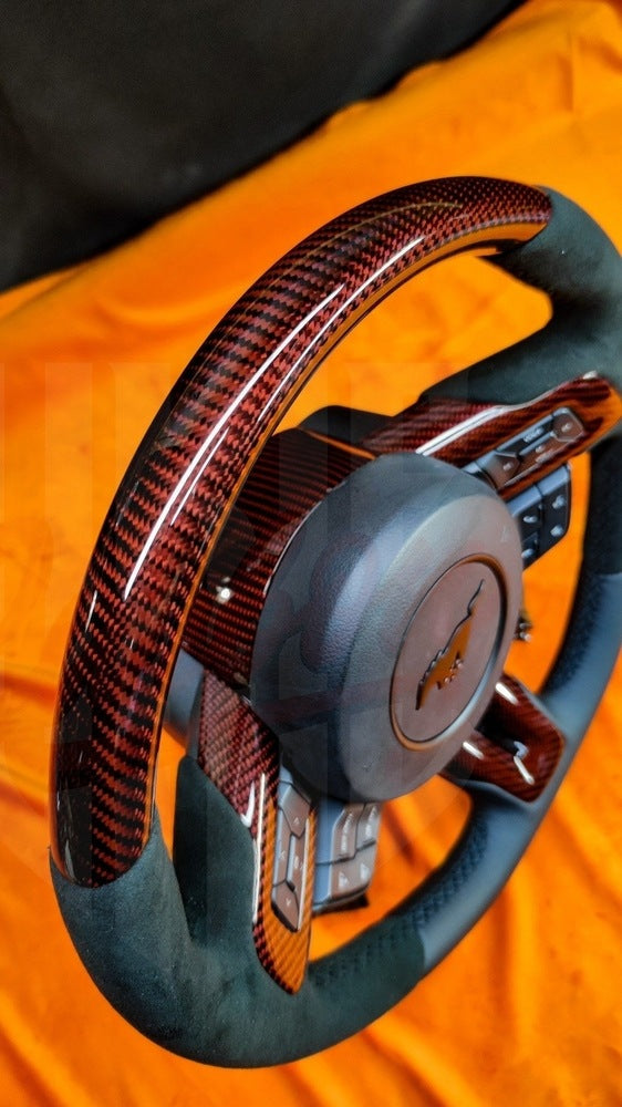 2015-2023 Mustang S550 Red Carbon Fiber Steering - by ukiecarbon.com
