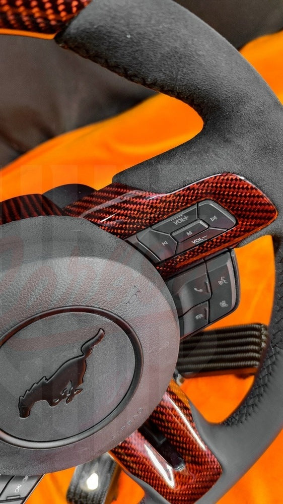 2015-2023 Mustang S550 Red Carbon Fiber Steering - by ukiecarbon.com