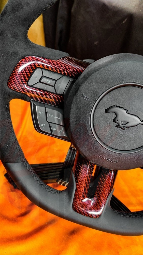 2015-2023 Mustang S550 Red Carbon Fiber Steering - by ukiecarbon.com
