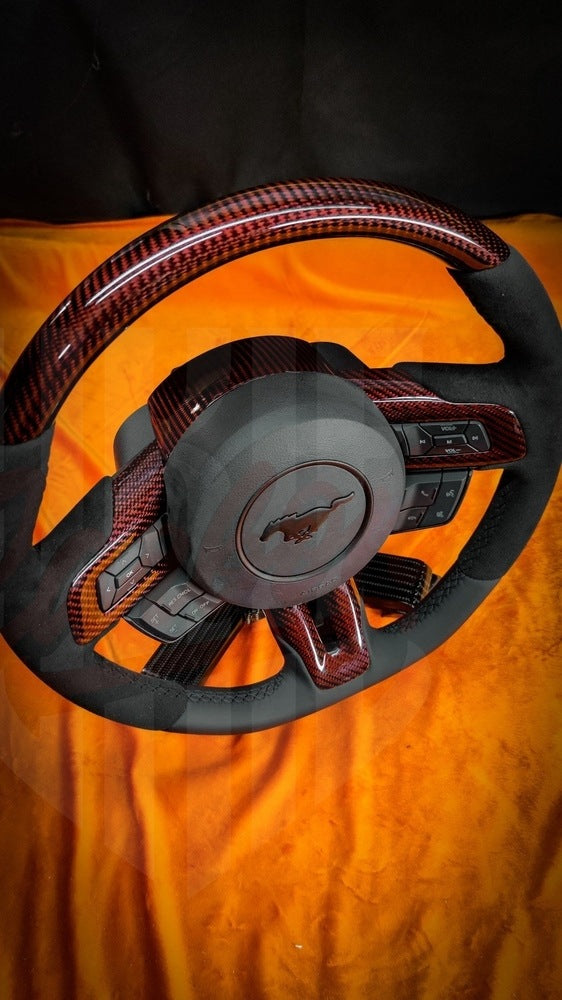 2015-2023 Mustang S550 Red Carbon Fiber Steering - by ukiecarbon.com