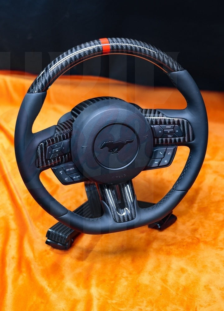 2015-2023 Mustang S550 Gloss Wide Carbon Fiber Steering Wheel With Strip - by ukiecarbon.com