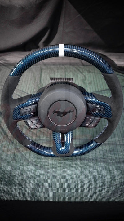 2015-2023 Mustang S550 Carbon Fiber Steering Wheel Blue Carbon Fiber - by ukiecarbon.com
