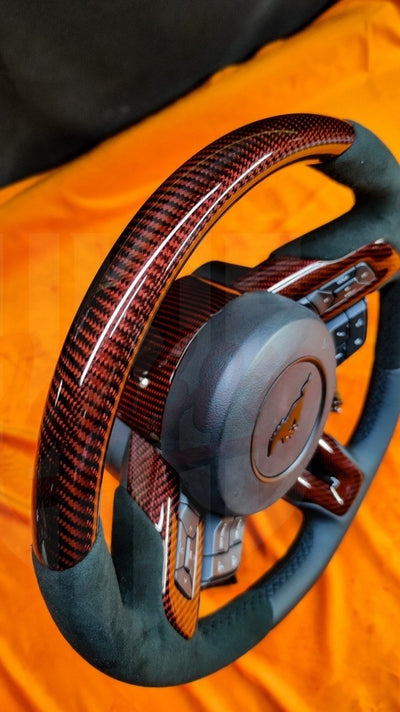 2015-2023 Mustang S550 Red Carbon Fiber Steering - by ukiecarbon.com