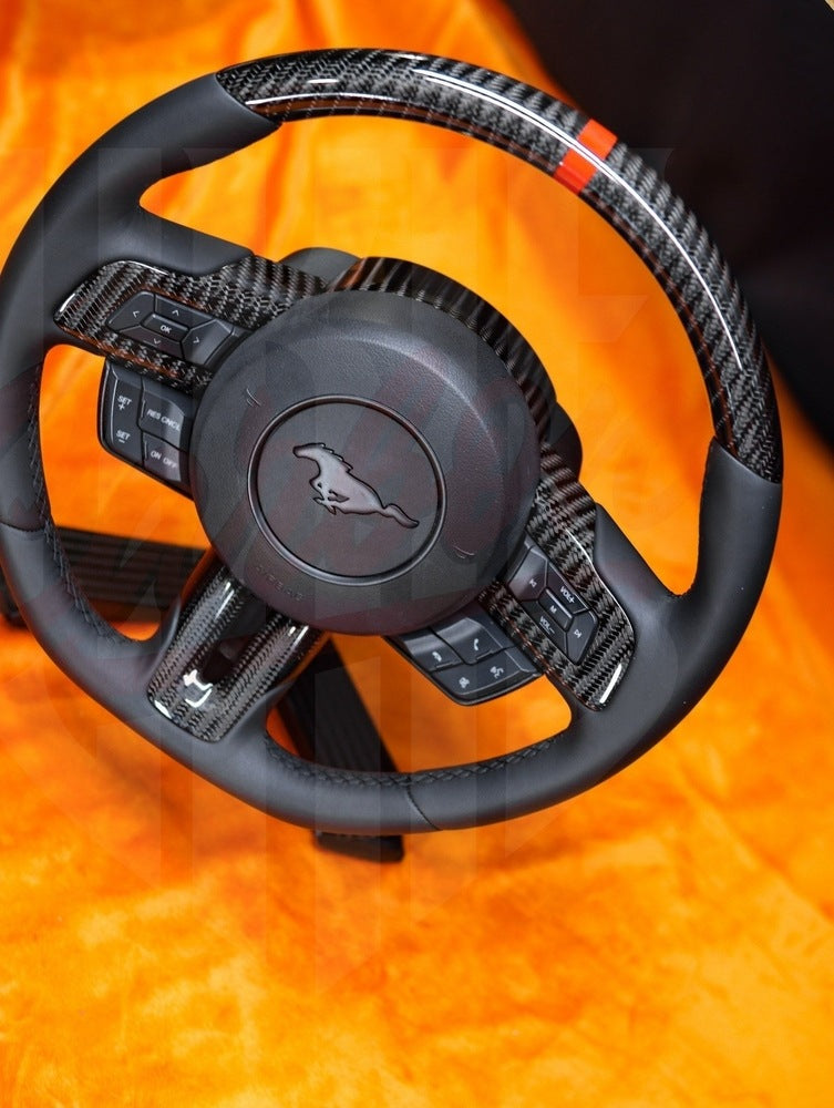 2015-2023 Mustang S550 Gloss Wide Carbon Fiber Steering Wheel With Strip - by ukiecarbon.com