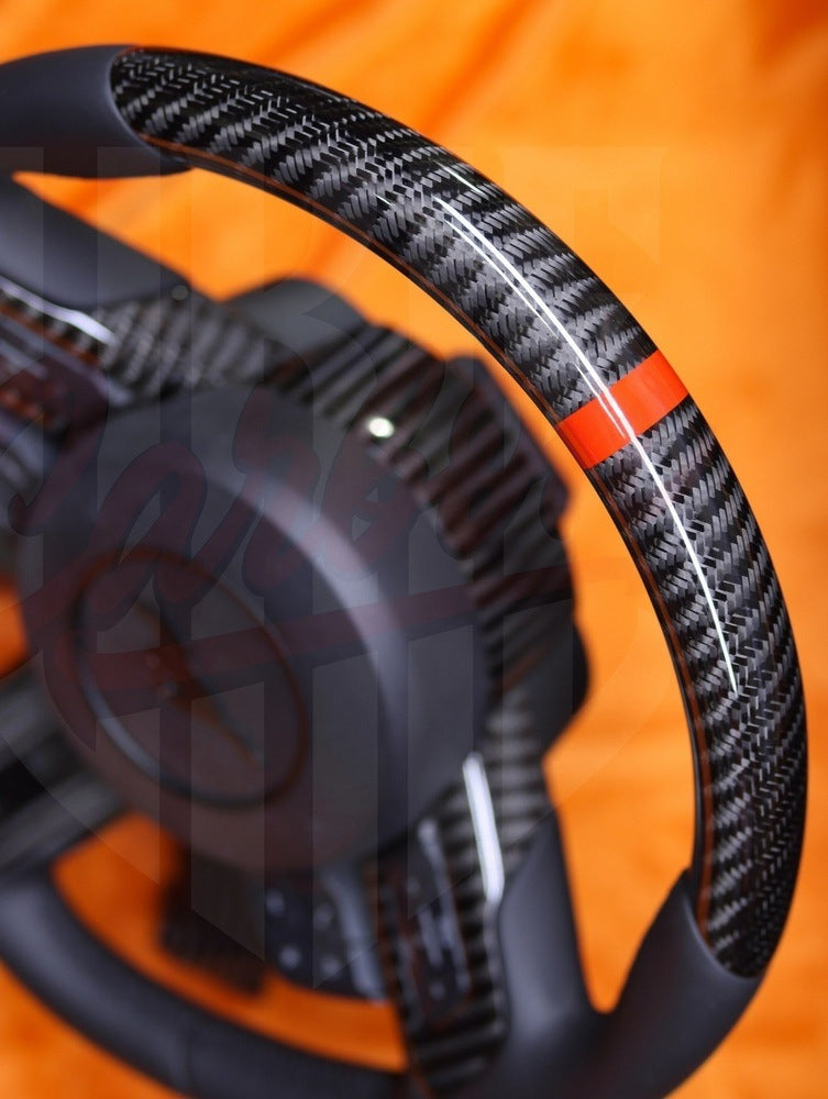 2015-2023 Mustang S550 Gloss Wide Carbon Fiber Steering Wheel With Strip - by ukiecarbon.com