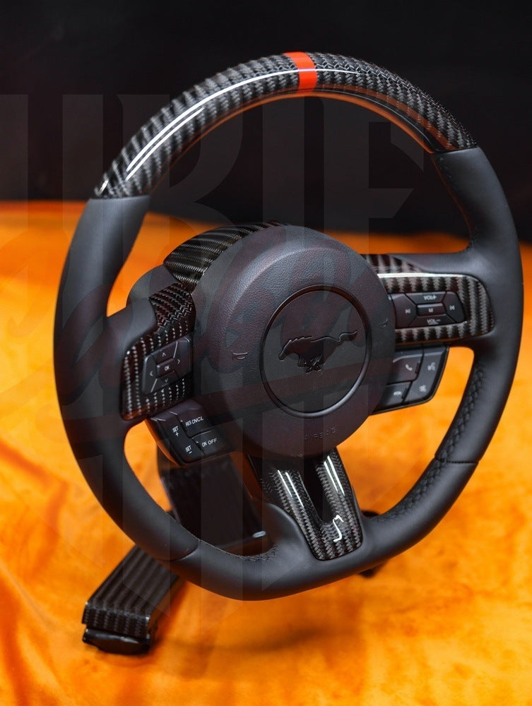 2015-2023 Mustang S550 Gloss Wide Carbon Fiber Steering Wheel With Strip - by ukiecarbon.com